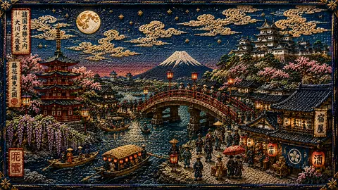 月夜の刺繍、川祭りの町並み thumbnail