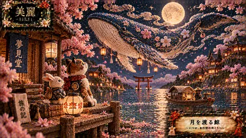 刺繍で描く月渡りの鯨と夜桜 thumbnail