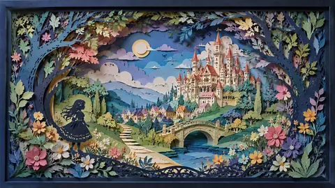 切り絵の幻想森と城の風景 thumbnail