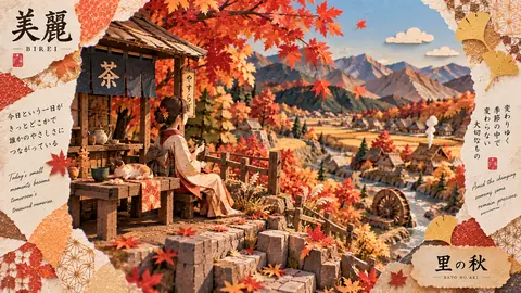 秋の里山茶屋と和紙コラージュ thumbnail