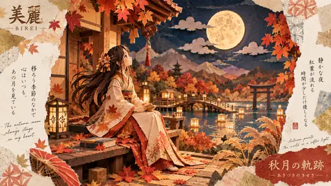 月夜の紅葉、紙細工の湖畔 thumbnail