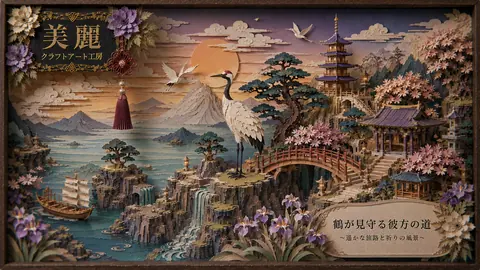 美麗な鶴と桜の紙細工風景 thumbnail