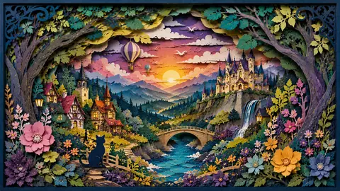 紙細工の幻想的な森と城の風景 thumbnail