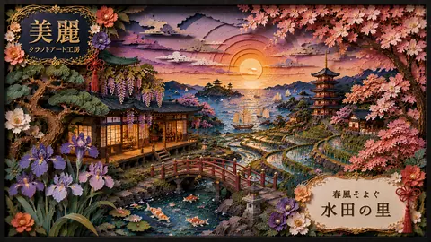 紙彩りの里と夕映えの海 thumbnail