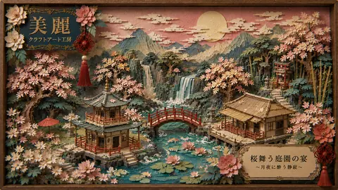 桜舞う月夜の和風ペーパークラフト庭園 thumbnail