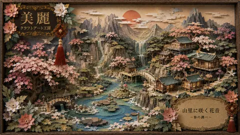 桜咲く和風ペーパークラフト山里 thumbnail