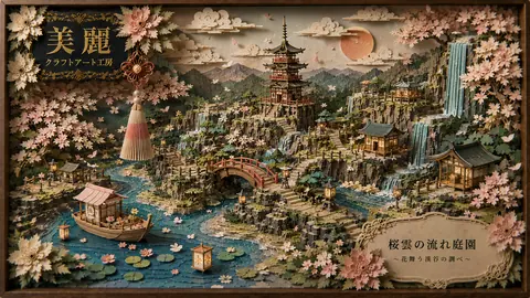 桜舞う立体紙細工の渓谷庭園 thumbnail