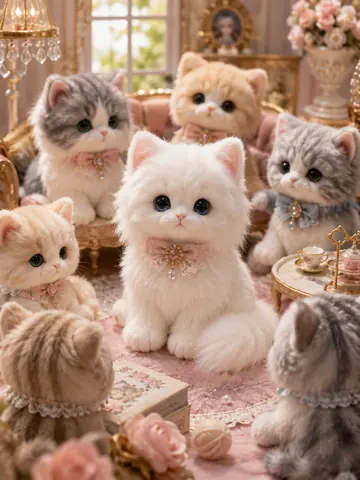 サイベリアンの白猫の可愛いぬいぐるみ、ジオラマ、ほかの猫のぬいぐるみに囲まれている thumbnail