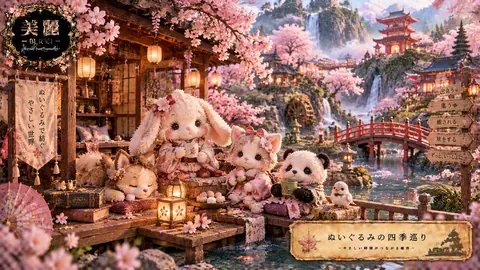 桜舞うぬいぐるみ茶屋の春景色 thumbnail
