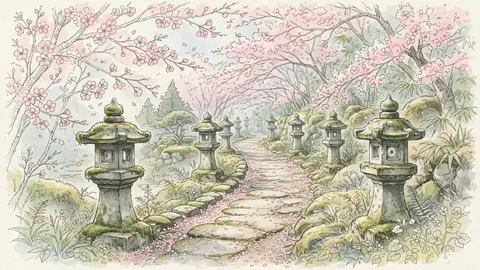 桜と石灯籠の小径2 thumbnail