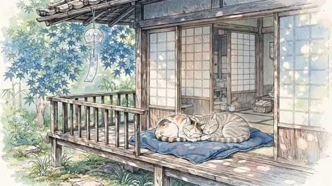 縁側と風鈴と2匹、別構図 thumbnail