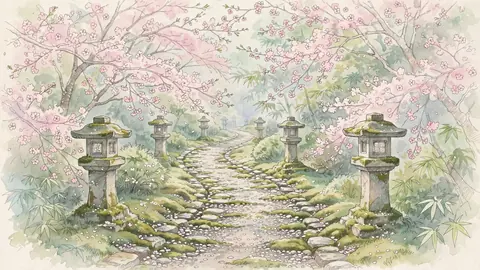 桜と石灯籠の小径3 thumbnail