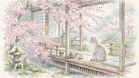 桜と縁側の猫3 thumbnail