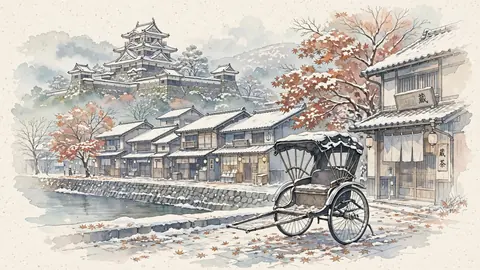 雪の城下町と人力車 thumbnail
