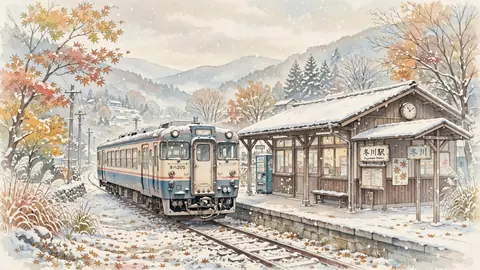 雪の電車と駅舎 thumbnail