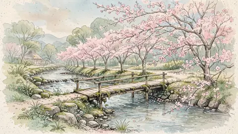 桜並木に沿って流れる小川にかかる苔むした小さな木橋 thumbnail