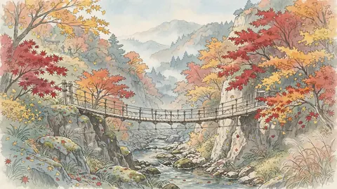 紅葉の渓谷と吊り橋 thumbnail