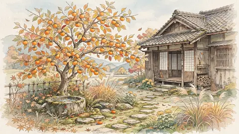 柿の木と古民家の庭先 thumbnail