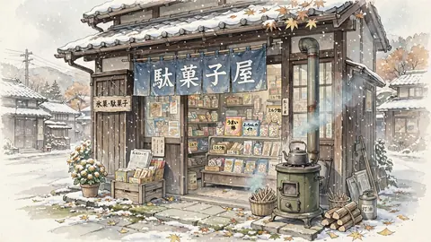 雪の駄菓子屋とストーブ thumbnail