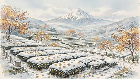 雪の茶畑と富士山 thumbnail