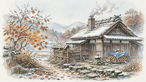 雪の古民家と薪ストーブの煙突 thumbnail