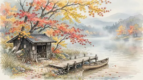 霧のかかる静かな湖畔のボート小屋 thumbnail