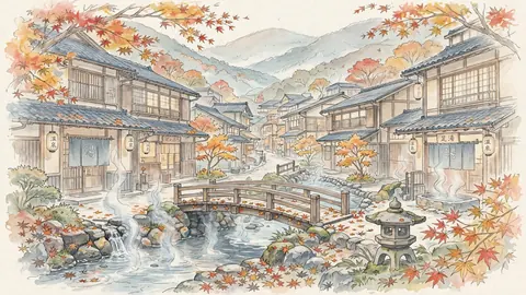 温泉街の紅葉と湯けむり thumbnail