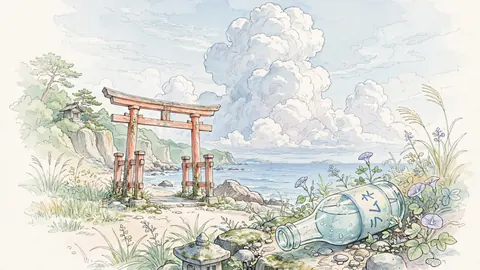 海辺の古い鳥居と草むらに転がるラムネ瓶 thumbnail