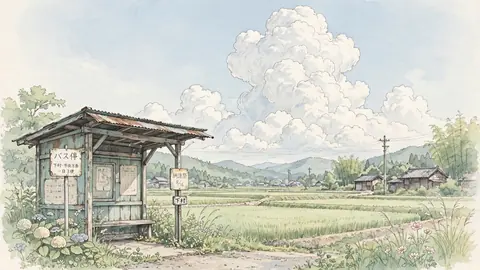 古いバス停と入道雲 thumbnail