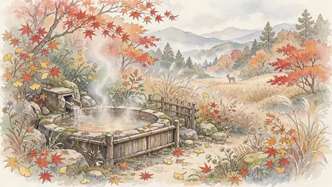 紅葉の露天風呂と鹿 thumbnail