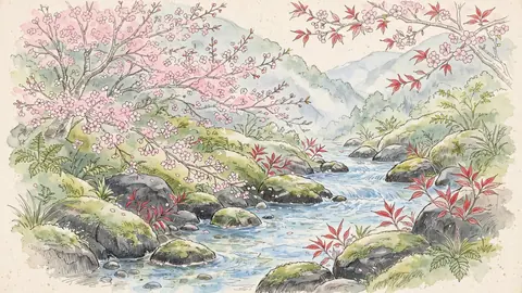 苔むした岩の間を流れる渓流に枝垂れる山桜 thumbnail