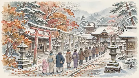 雪の神社と初詣の行列 thumbnail