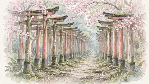 桜と古い鳥居のトンネル thumbnail
