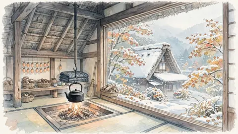 雪の合掌造りと囲炉裏 thumbnail