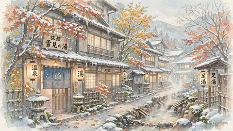雪の温泉街と提灯 thumbnail