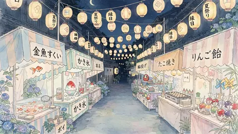 夜の縁日と提灯 thumbnail