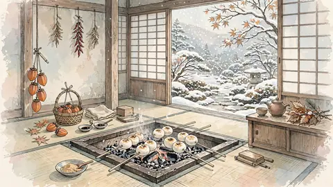 雪の囲炉裏と焼き餅 thumbnail