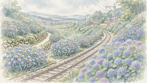 線路とあじさいの坂道 thumbnail