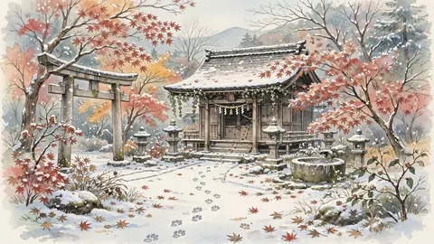 雪の神社と狐の足跡 thumbnail