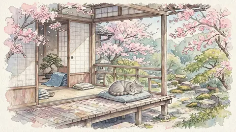 桜と縁側の猫 thumbnail