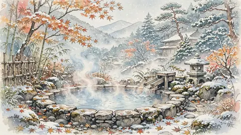 雪の温泉と湯けむり thumbnail