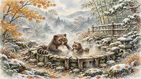 雪の露天風呂とタヌキ親子 thumbnail