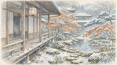 雪の温泉宿の縁側 thumbnail