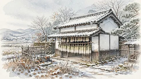 雪の蔵と干し大根 thumbnail