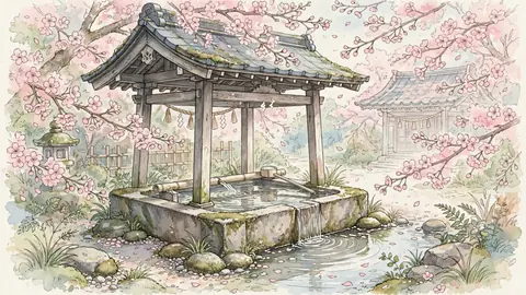 桜と神社の手水舎 thumbnail