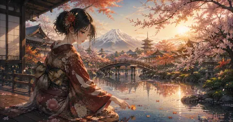 夕映えの寺庭と着物の女性 thumbnail