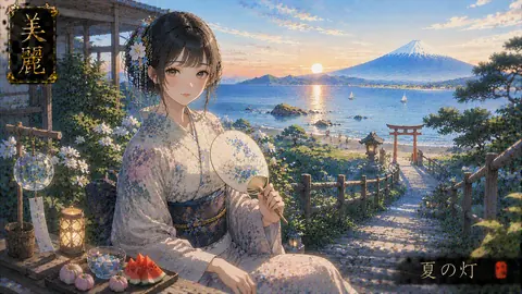 夕暮れの海辺と夏祭りの少女 thumbnail