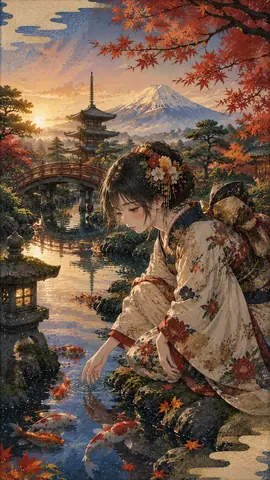 紅葉庭園と錦鯉を眺める着物の女性 thumbnail