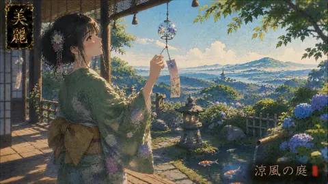 涼風の庭、風鈴と紫陽花の縁側 thumbnail