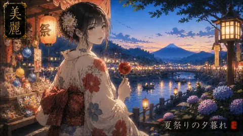 夕暮れの夏祭りと富士山 thumbnail